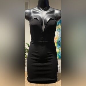 Black Strapless Mini Dress with Deep V-Neckline, Size Medium